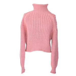 H&M Women S‎ Pink Chunky Knit Turtleneck Sweater Cropped Relaxed Fit Wool Blend
